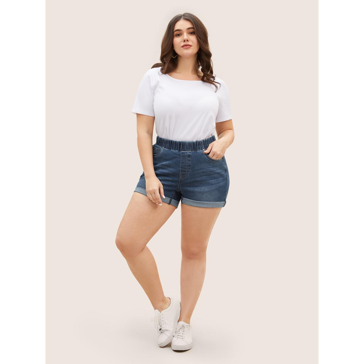 Plus Size Dark Wash Elastic Waist Roll Hem Denim Shorts Women DarkBlue Roll Hem Medium stretch Everyday Slanted pocket Casual Denim Shorts BloomChic 12/L Product Image