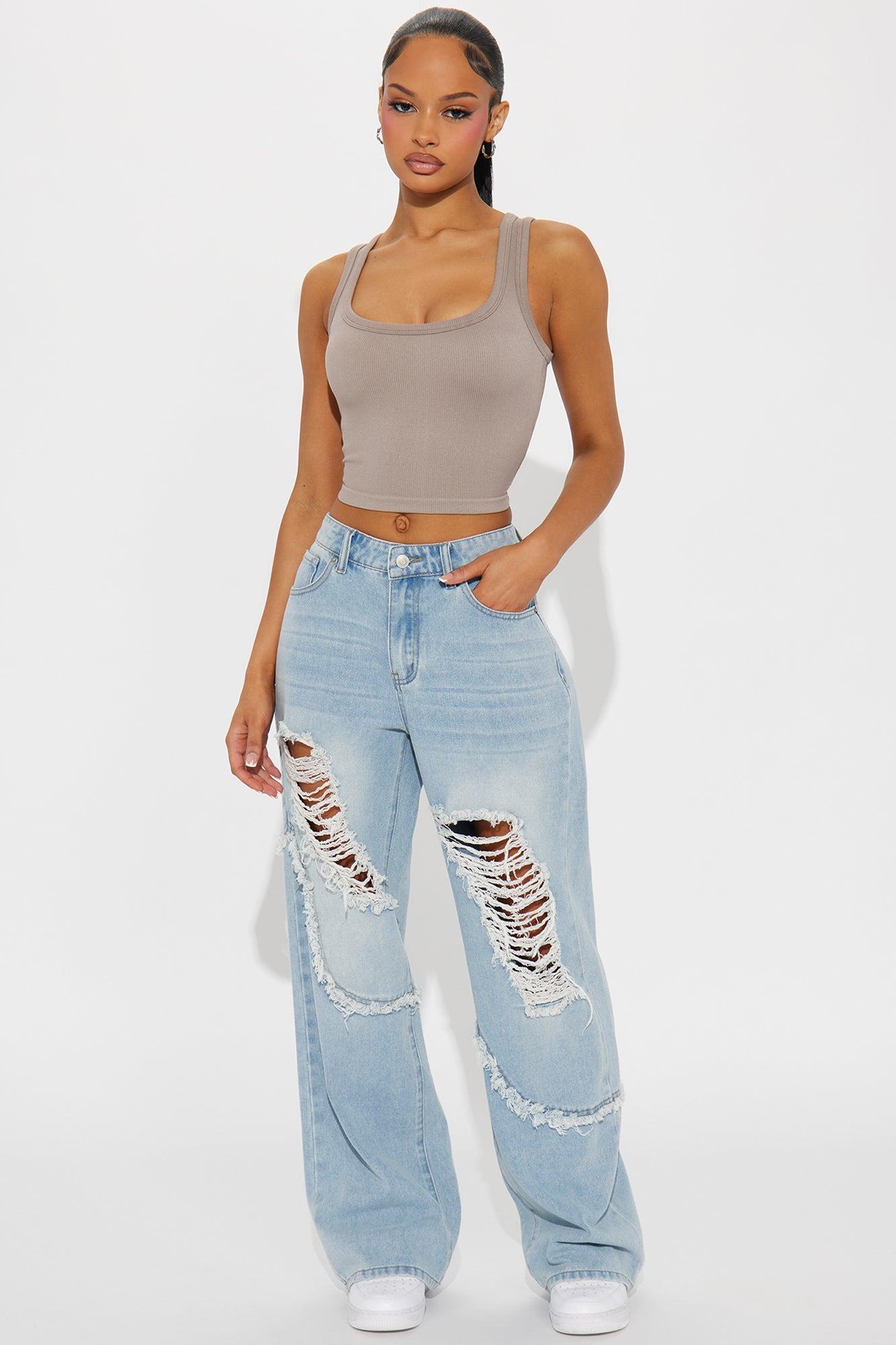 Landon Non Stretch Destructed Fray Wide Leg Jeans - Light Wash Product Image