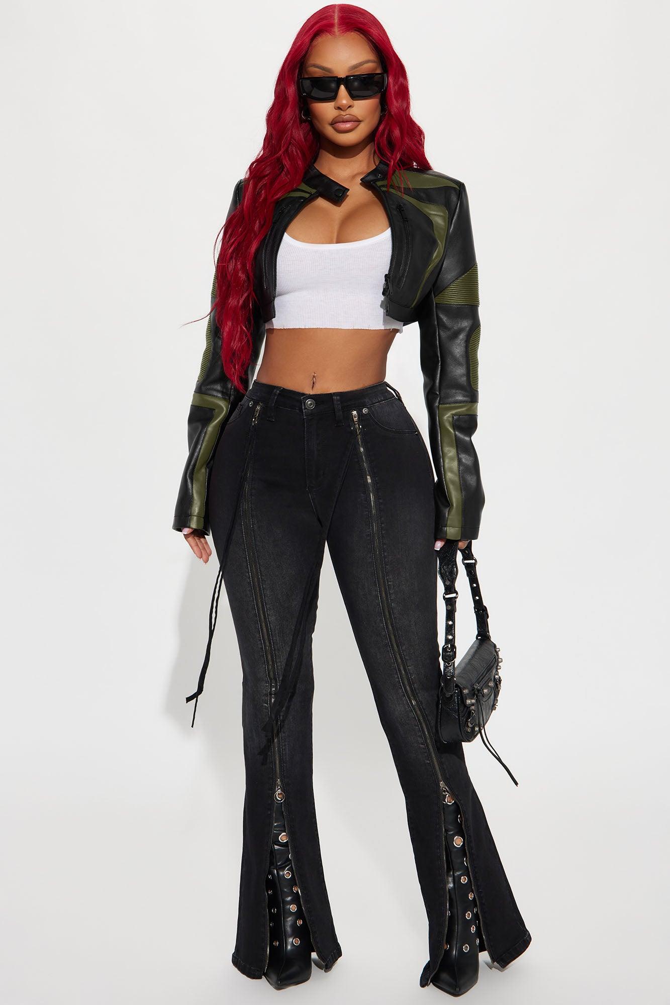 Not Like The Rest Faux Leather Moto Jacket - Olive/combo Female Product Image