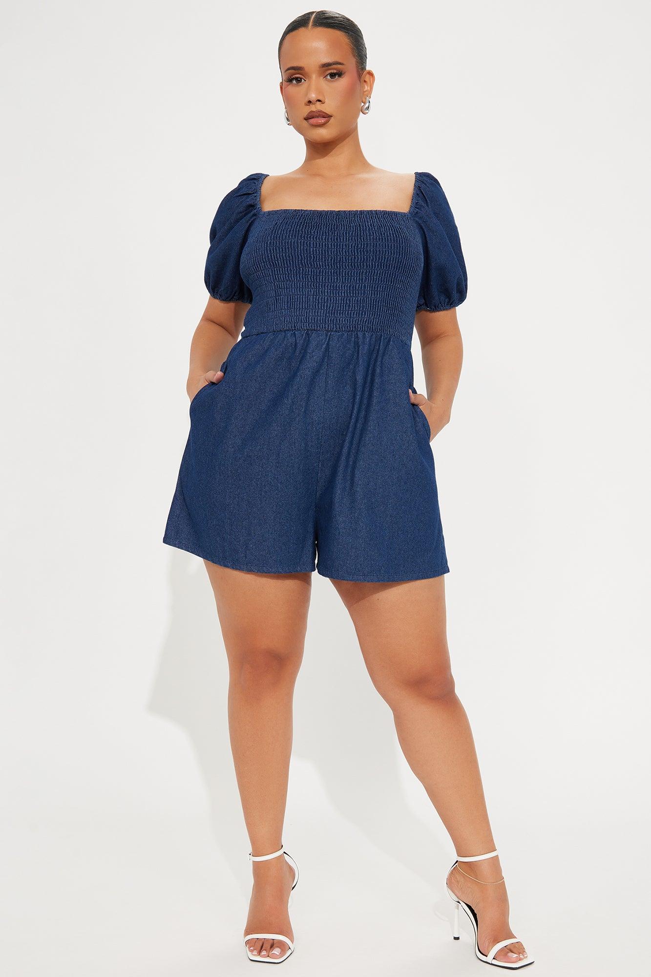 Playful Mood Denim Romper - Dark Wash Product Image