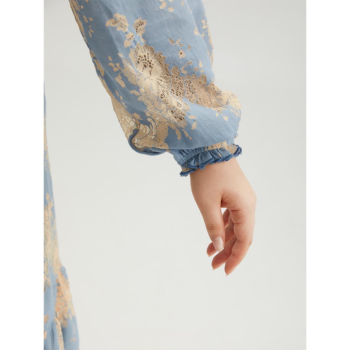 Plus Size Contrast Lace Panel Frill Trim Lantern Sleeve Dress Aegean Women Vacation Elastic cuffs Square Neck Long Sleeve Curvy Midi Dress BloomChic 12/L Product Image