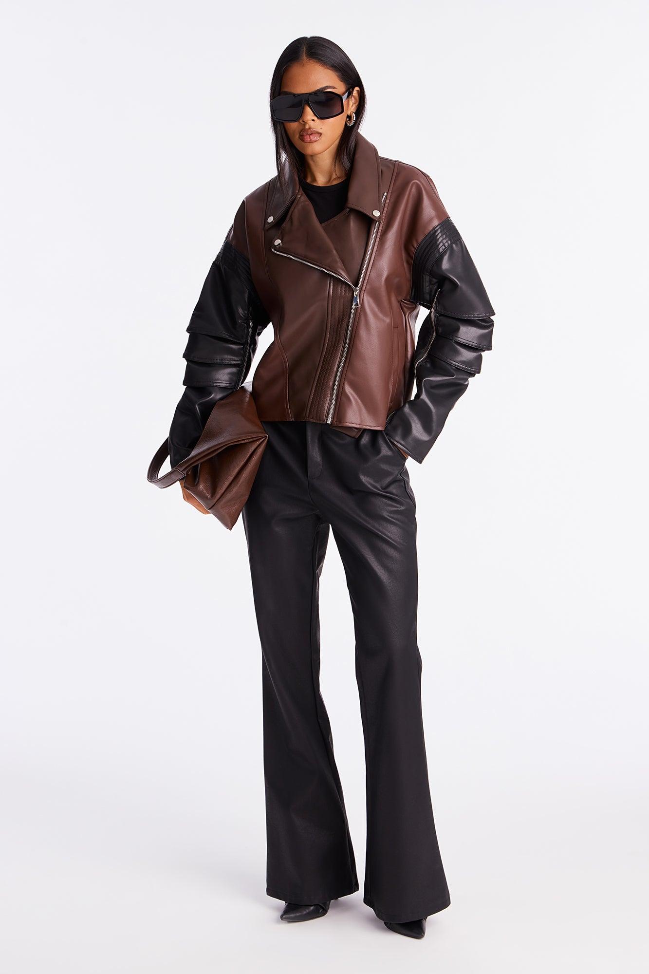 Bet On Me Oversized Faux Leather Moto Jacket - Brown/combo Female Product Image