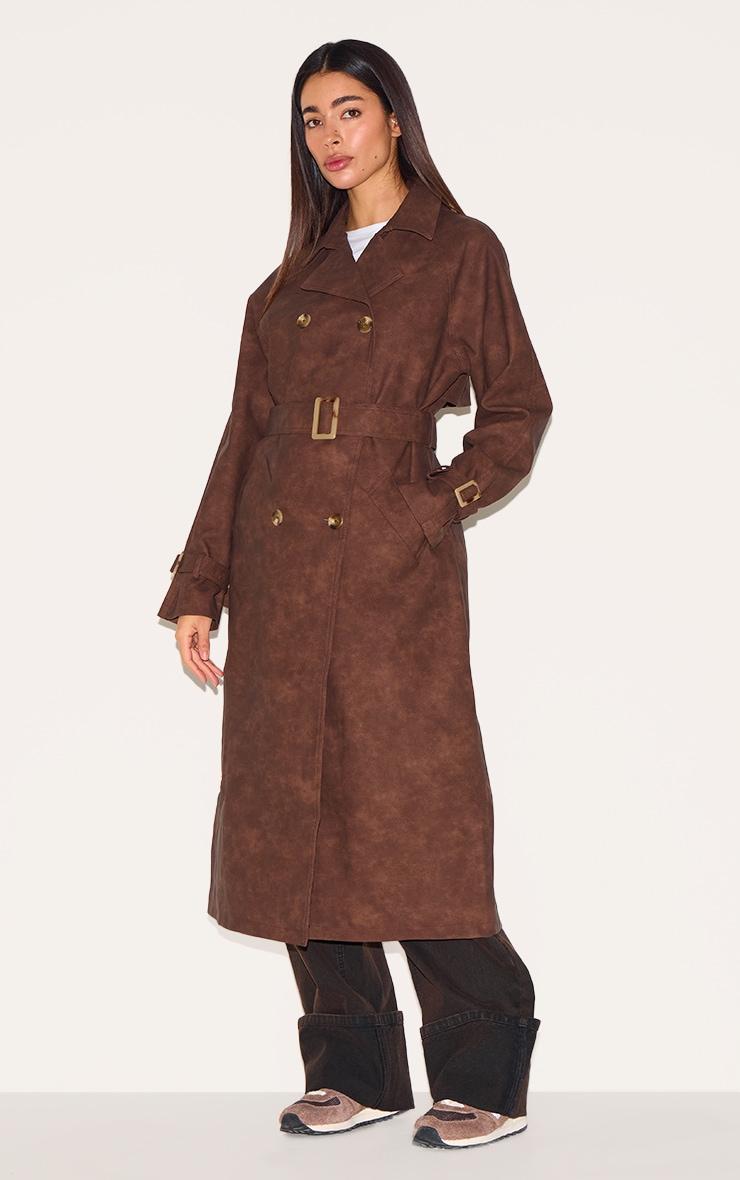 Chocolate Textured Faux Leather Trench Coat Product Image