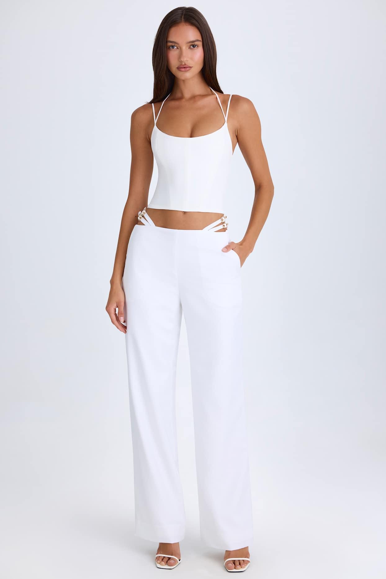 Belted Cut-Out Wide-Leg Trousers in White Product Image