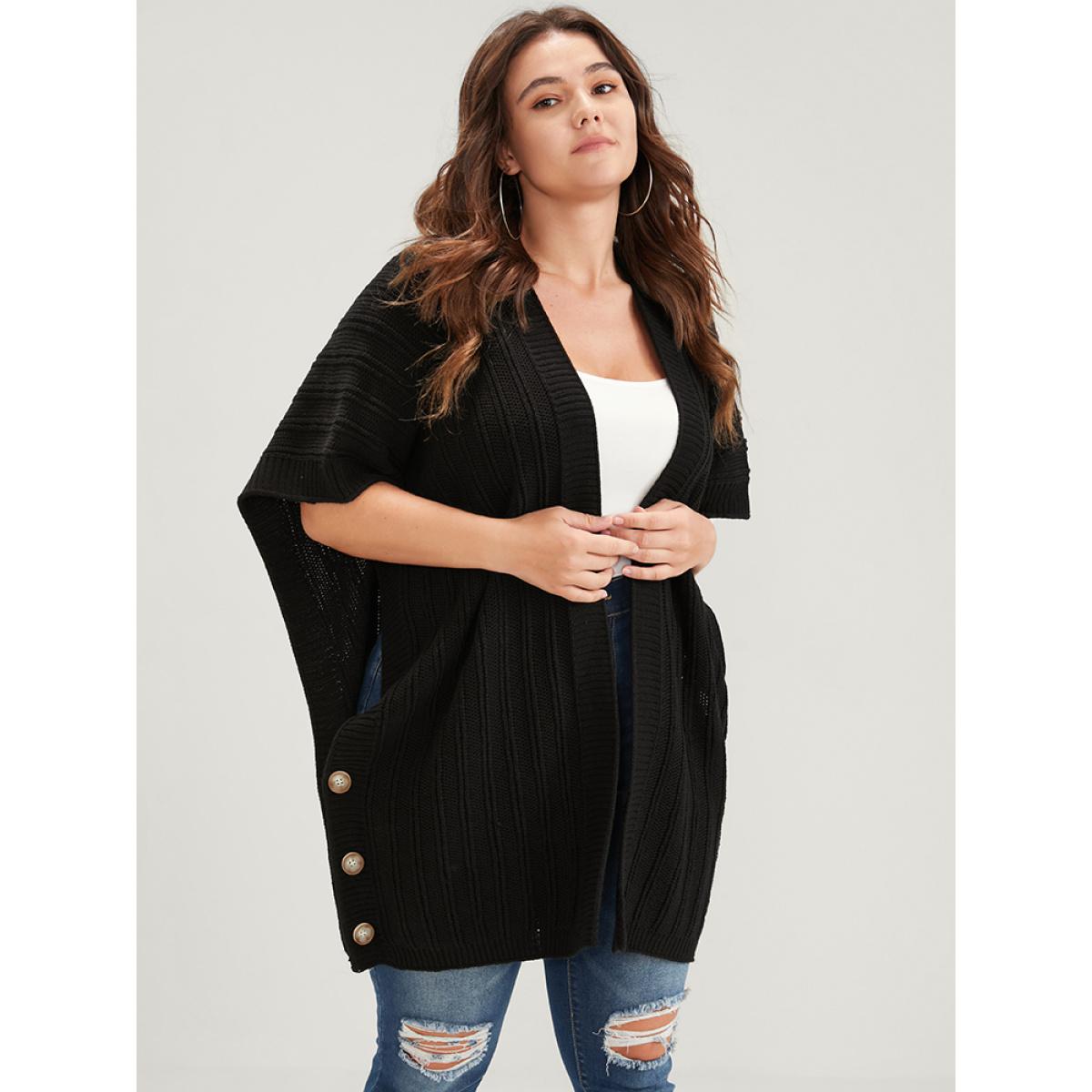 Plus Size Solid Pointelle Knit Button Hem Dolman Sleeve Open Front Cardigan Black Women Elegant Oversized Sleeveless Dailywear Cardigans BloomChic 12/L Product Image