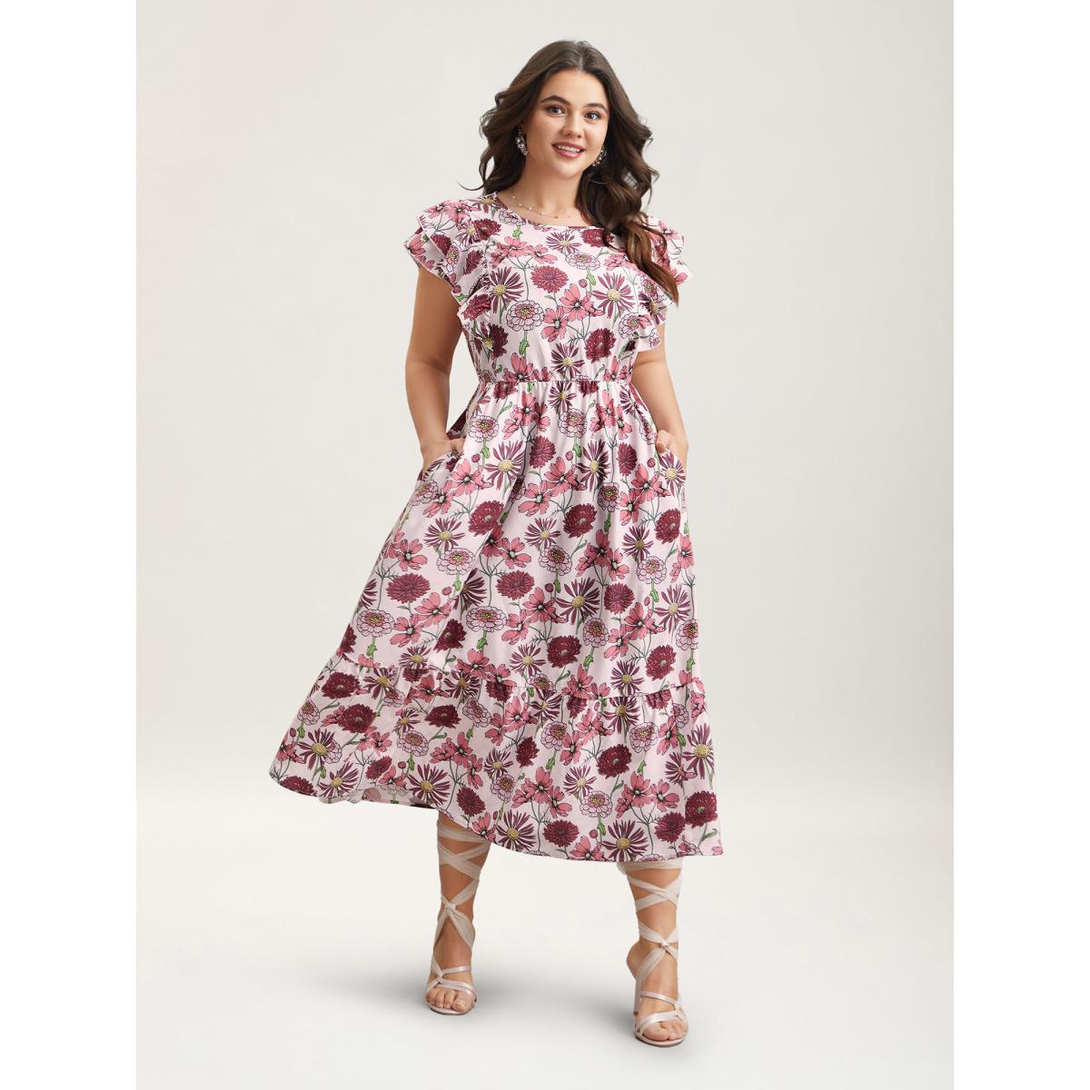 Plus Size Ruffled Floral Print Stretchy-Waist Midi Dress Multicolor Women Romantic Ruffles Round Neck Cap Sleeve Curvy BloomChic 22-24/3X Product Image