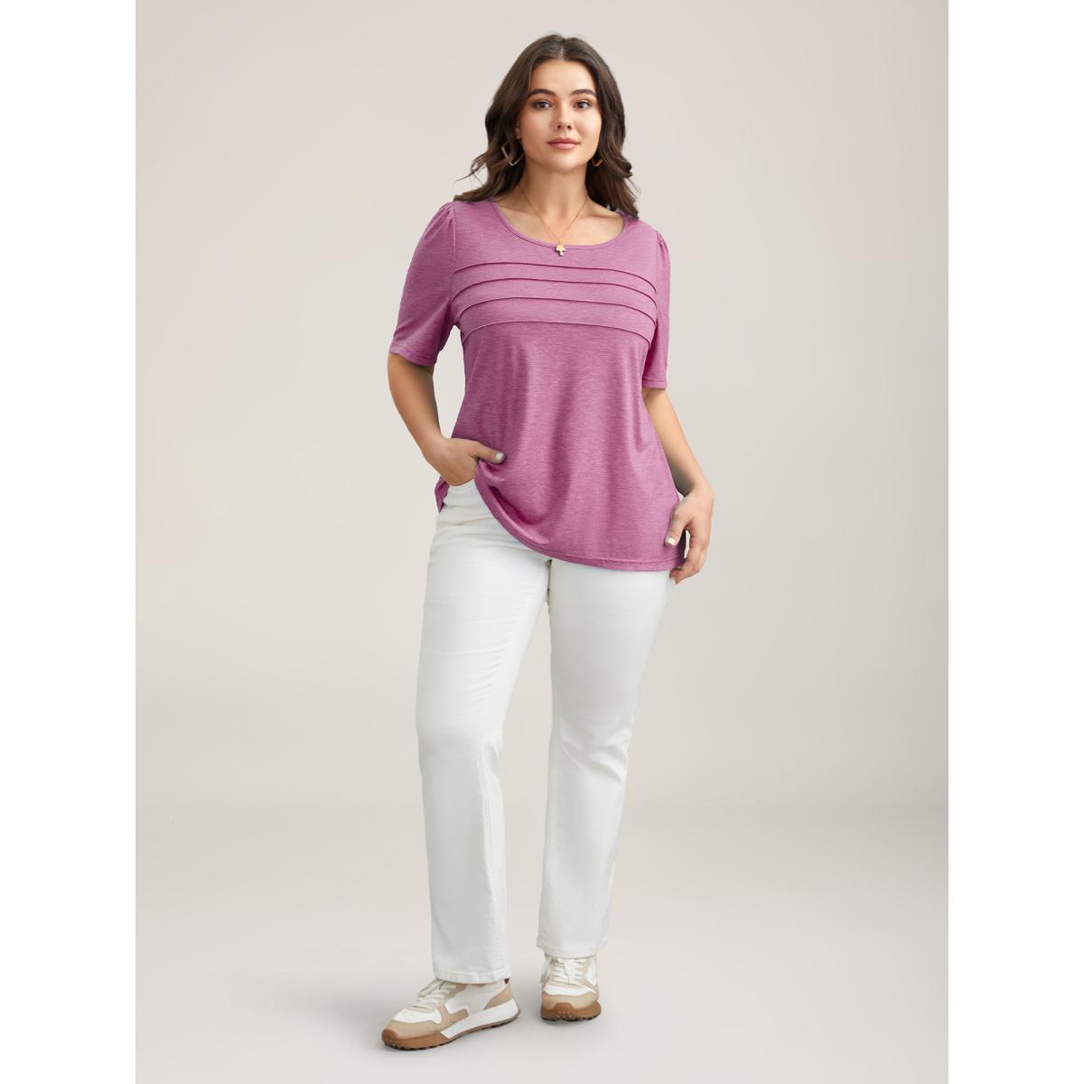 Plus Size Seamed Round Neck Fitted T-Shirt Magenta Women Casual Tucked seam Round Neck Everyday T-shirts BloomChic 10/M Product Image