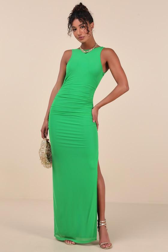 Karise Green Mesh Ruched Backless Maxi Dress Product Image