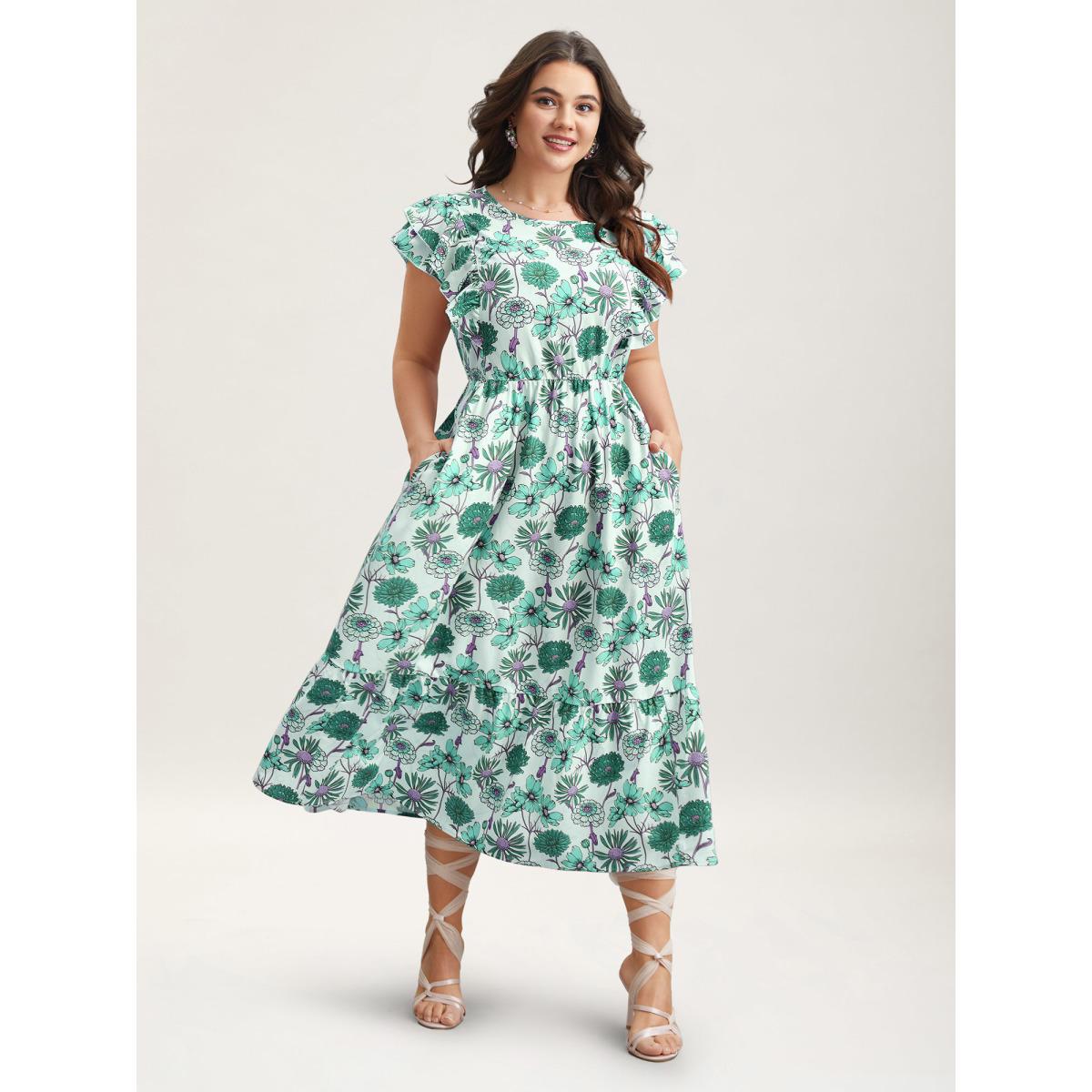 Plus Size Ruffled Floral Print Stretchy-Waist Midi Dress Turquoise Women Romantic Ruffles Round Neck Cap Sleeve Curvy BloomChic 12/L Product Image