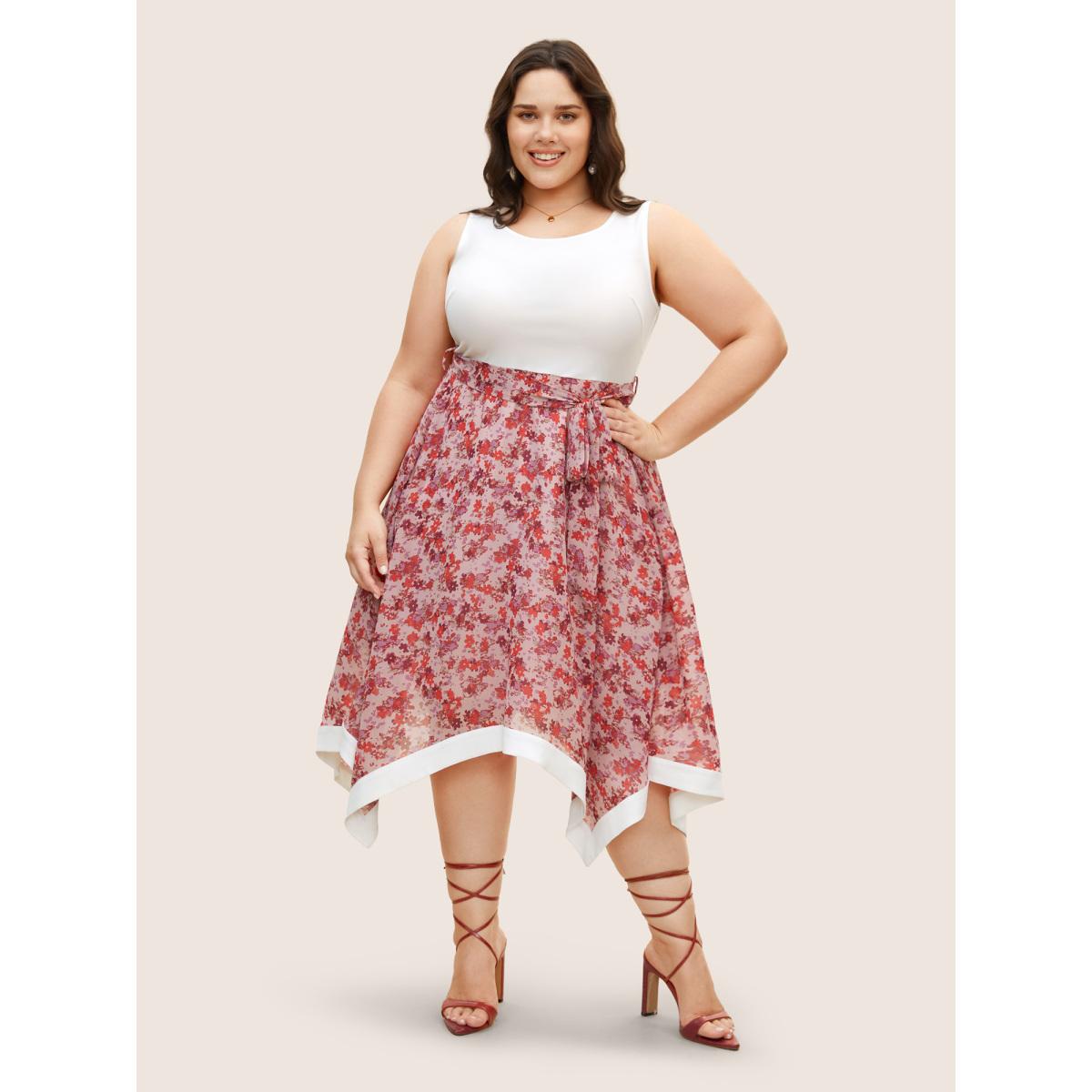 Plus Size Ditsy Floral Patchwork Hanky Hem Midi Dress Lightpink Women Elegant Belted Round Neck Sleeveless Curvy BloomChic 18-20/2X Product Image
