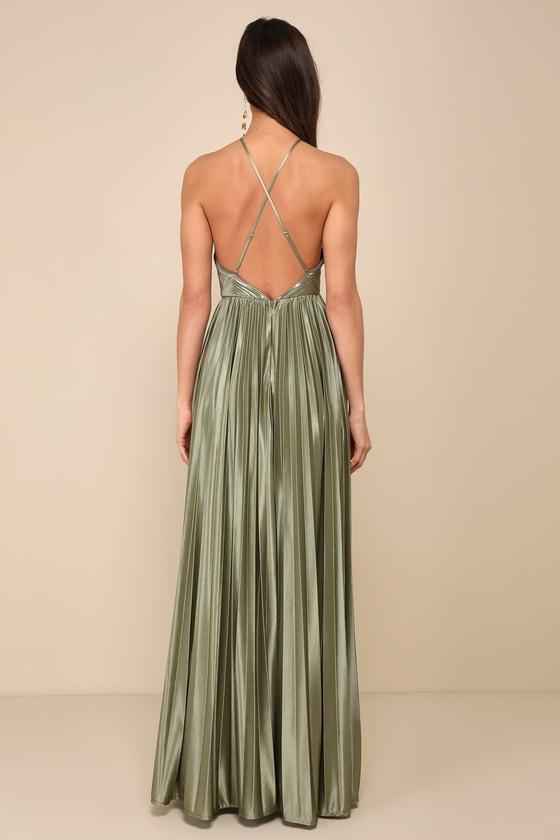 Elaborate Charm Olive Green Satin Pleated Backless Maxi Dress Product Image