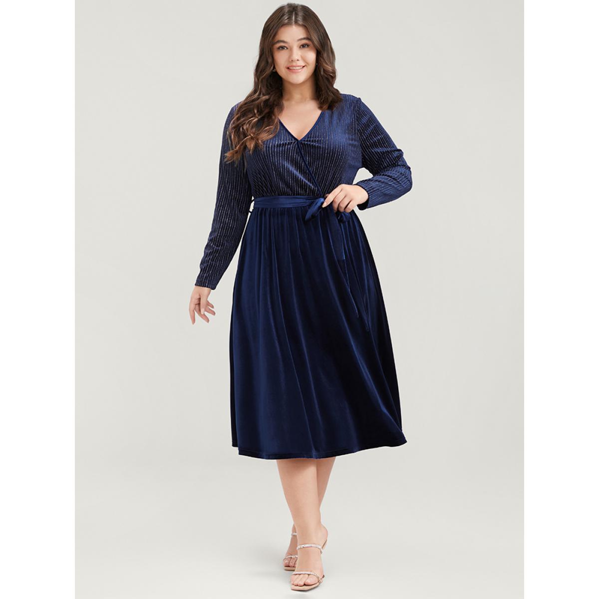 Plus Size Glitter Striped Patchwork Surplice Neck Pocket Belted Velvet Dress Indigo Women Party Belted V-neck Long Sleeve Curvy Midi Dress BloomChic 10/M Product Image
