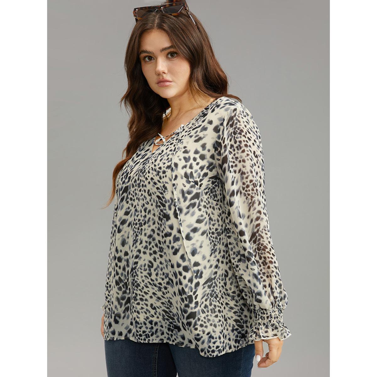Plus Size Apricot Leopard Print Lace Up Shirred Blouse Women Elegant Long Sleeve V-neck Dailywear Blouses BloomChic 30/6X Product Image