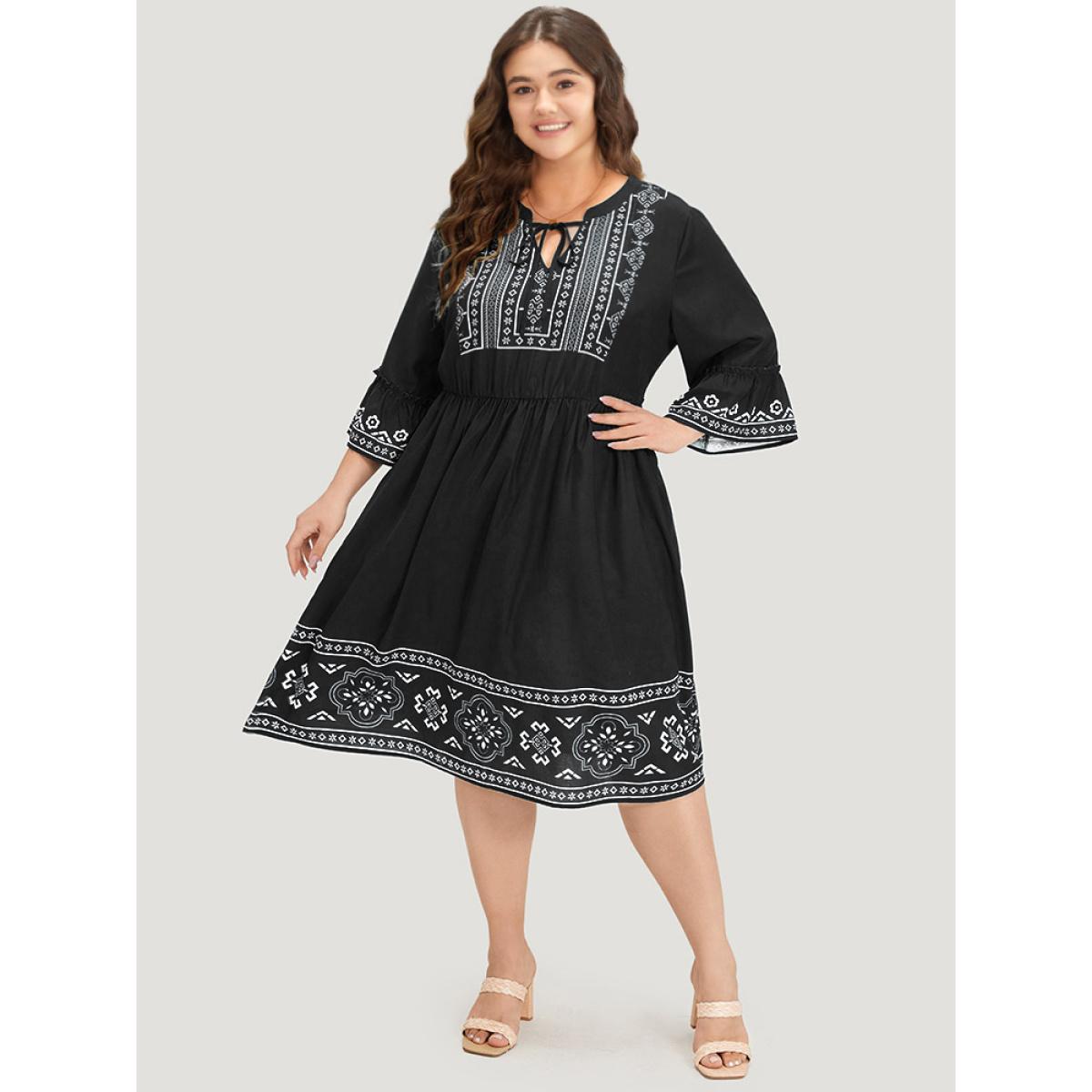 Plus Size Bandana Print Knot Neck Frill Trim Bell Sleeve Dress Black Women Vacation Cross straps Notched collar Half Sleeve Curvy Midi Dress BloomChic 30/6X Product Image
