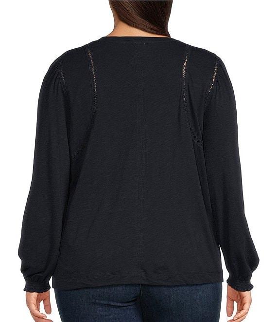 Democracy Plus Size Knit Crew Neck Long Sleeve Crochet Fagoting Detail Top Product Image