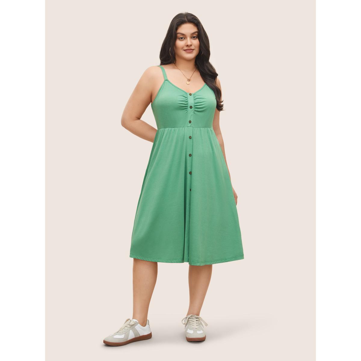 Plus Size Solid Ruched Button Detail Adjustable Straps Dress Mint Women Casual Non V-neck Sleeveless Curvy Midi Dress BloomChic 26/4X Product Image