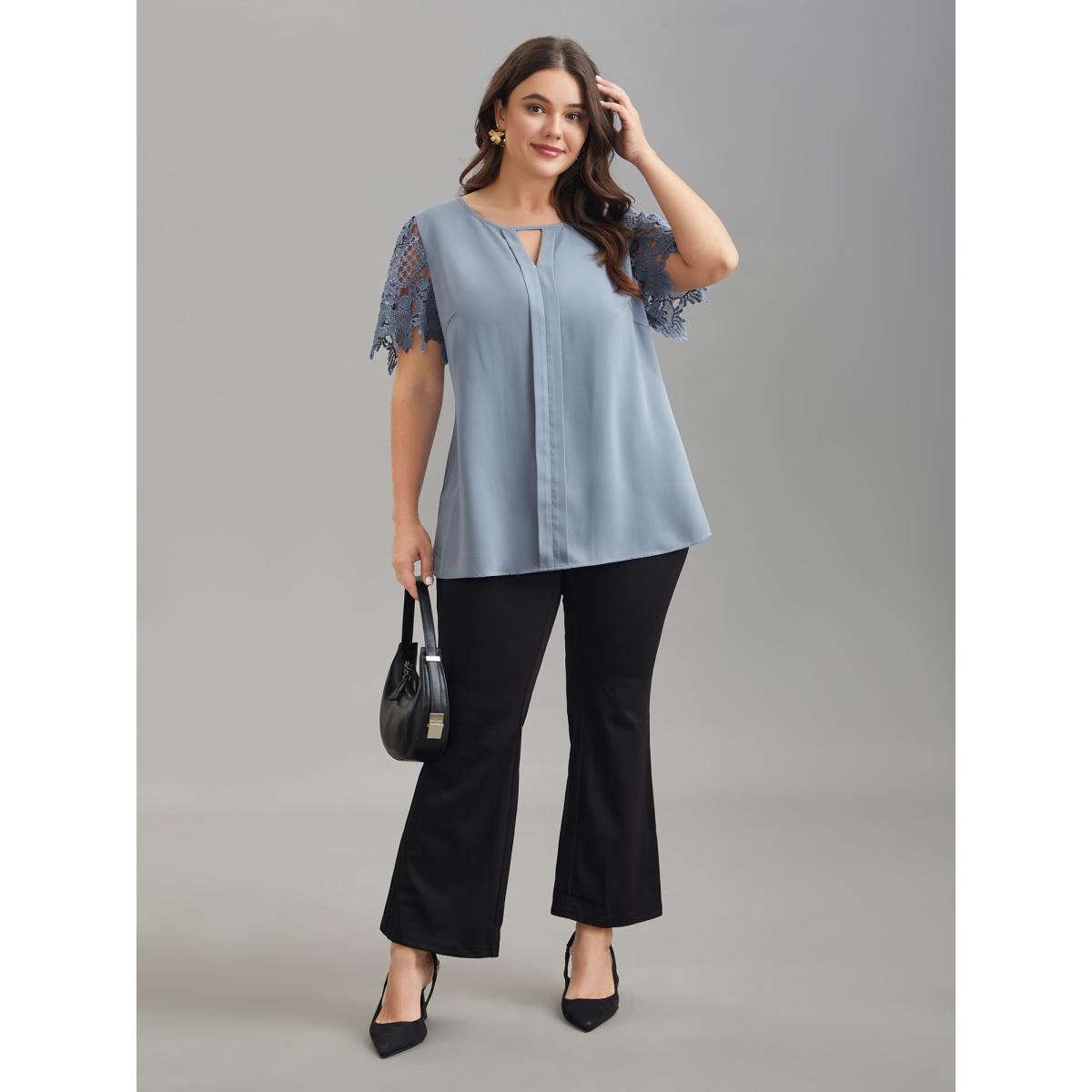 Plus Size Stone Lace Sleeve Neck Cut-Out Flared Shirt Women At the Office Short sleeve Notched collar Work Blouses BloomChic 22-24/3X Product Image