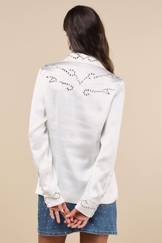 Nudie Ivory Satin Collared Studded Long Sleeve Button-Up Top Product Image