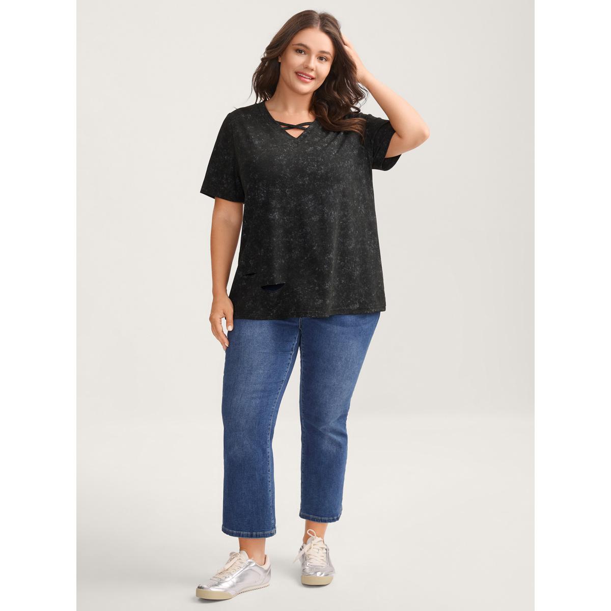 Plus Size Vintage Cut-Out Solid T-Shirt Black Women Distressed V-neck Everyday-Casual T-shirts BloomChic 18-20/2X Product Image