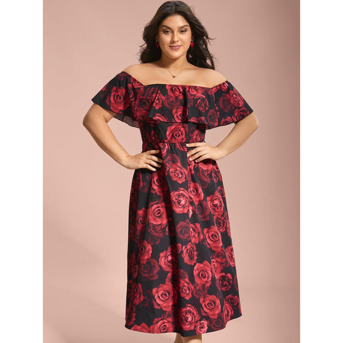 Plus Size Off-Shoulder Rose Pattern Ruffled Dress BlackFlower Women Elegant Ruffles One-shoulder neck Short sleeve Curvy BloomChic 30/6X Product Image