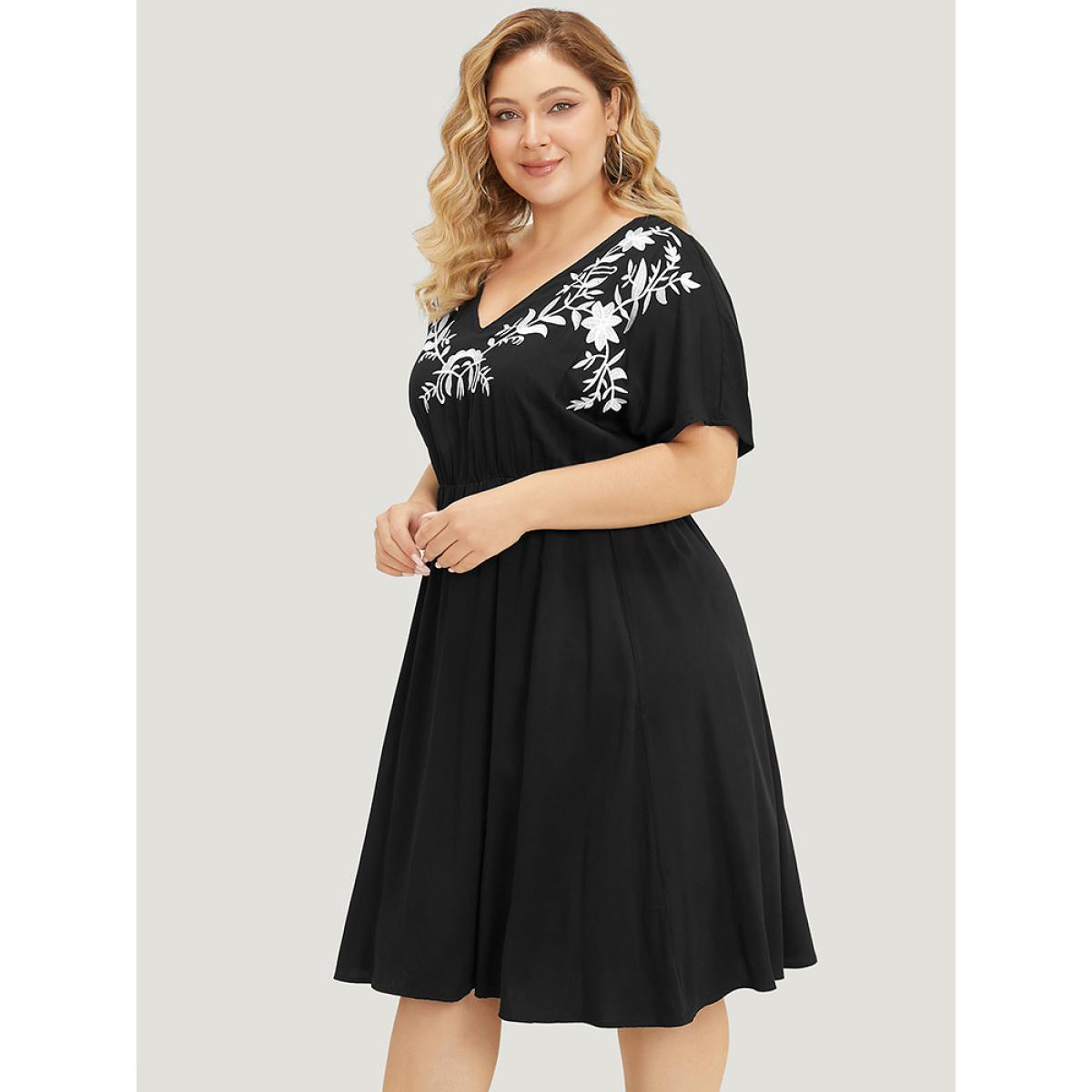 Plus Size Floral Embroidered Pocket Dolman Sleeve Ruffle Dress Black Women Vacation Embroidered V-neck Short sleeve Curvy Knee Dress BloomChic 22-24/3X Product Image