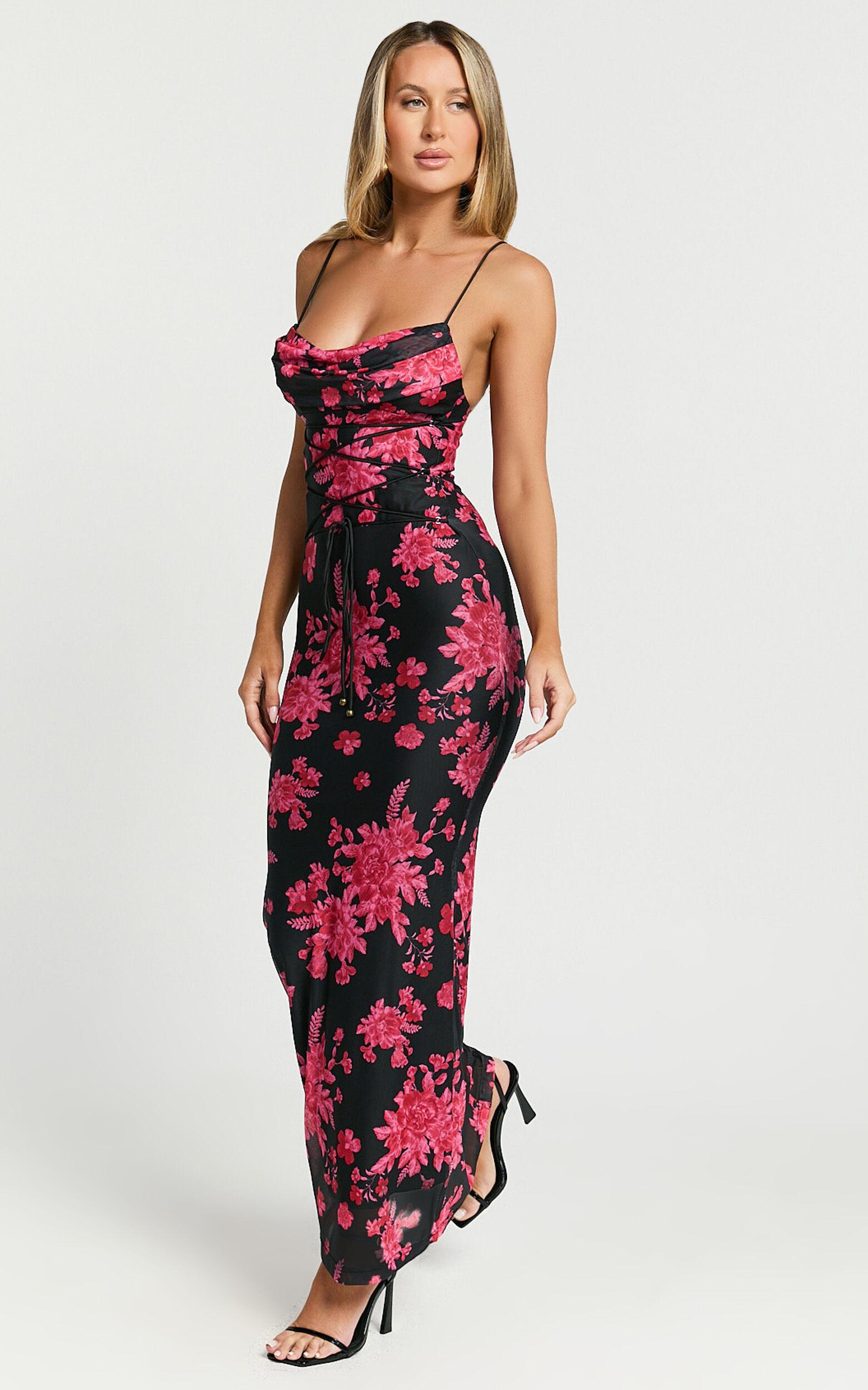 Ariel Midi Dress - Mesh Bodycon Tie Detail Dress in Black & Red Floral Product Image