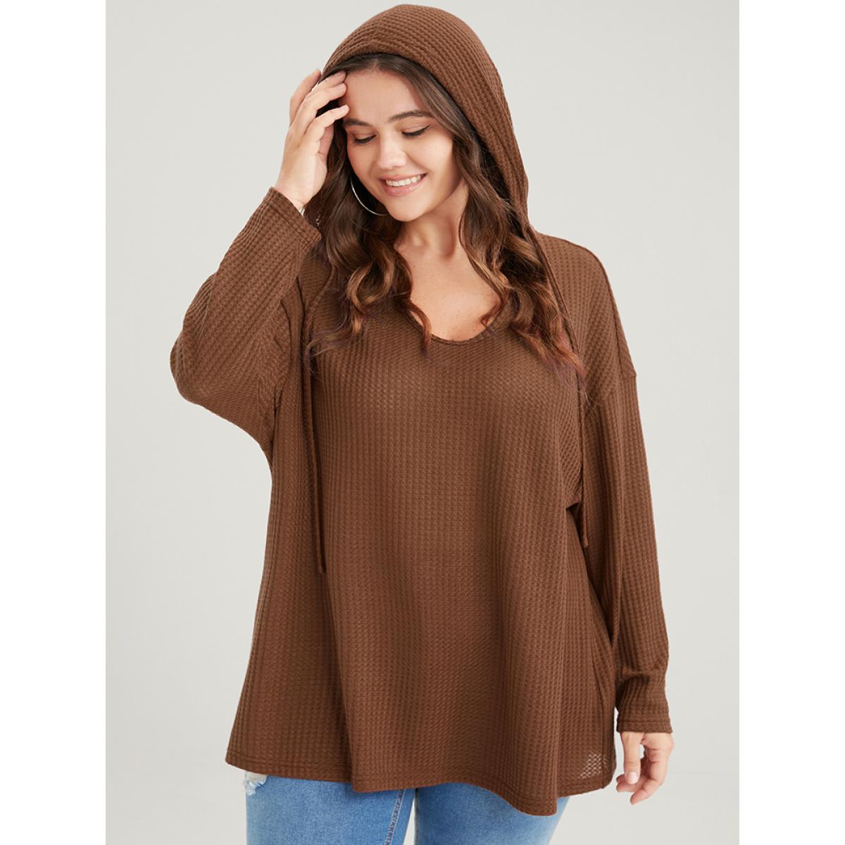 Plus Size Plain Ties Waffle Knit Hooded Sweatshirt Women Chocolate Casual Plain Hooded Dailywear Sweatshirts BloomChic 10/M Product Image