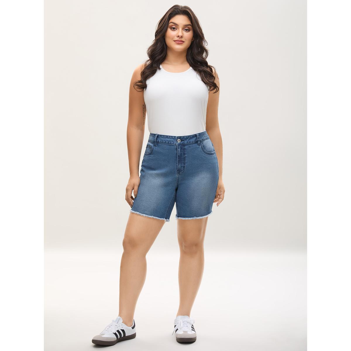Plus Size Frayed Hem High Rise Denim Shorts Women Midblue Medium stretch Everyday-Casual Slanted pocket Denim Shorts BloomChic 16/1X Product Image