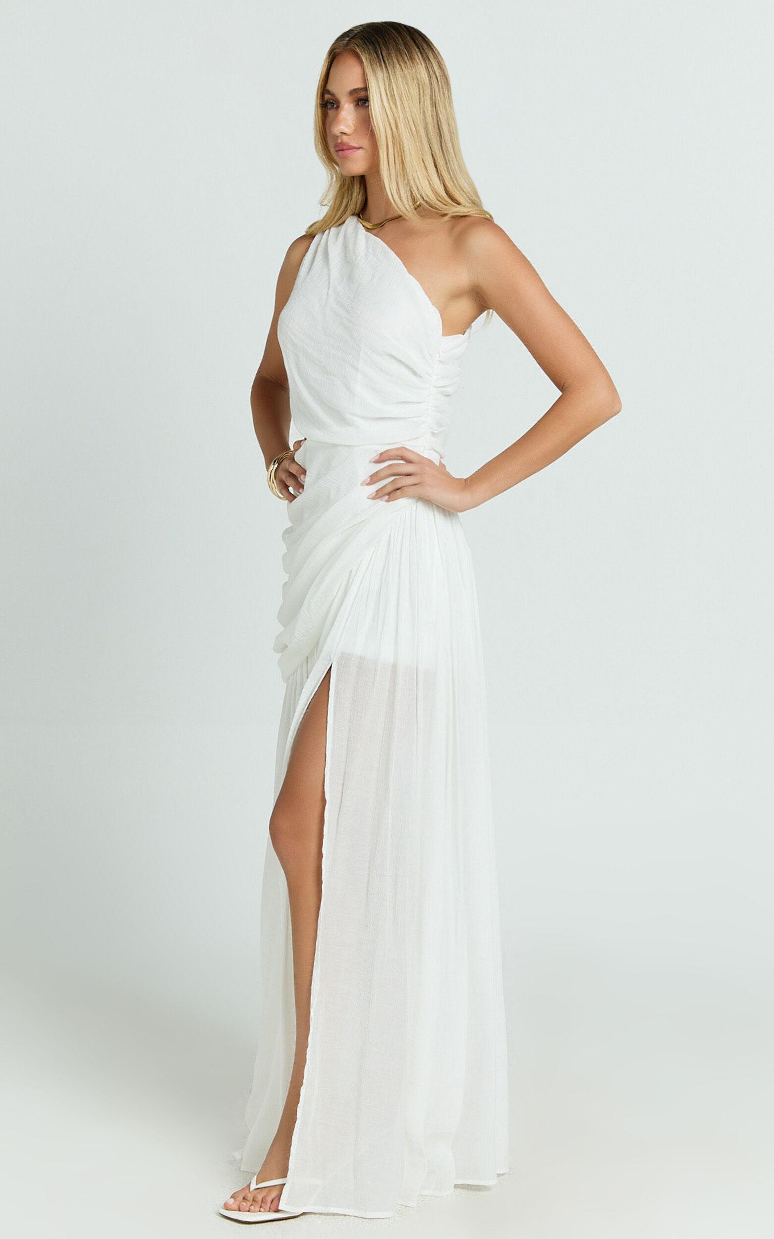 Darcy Maxi Dress - One Shoulder Side Cut Out Gathered Dress in White Product Image