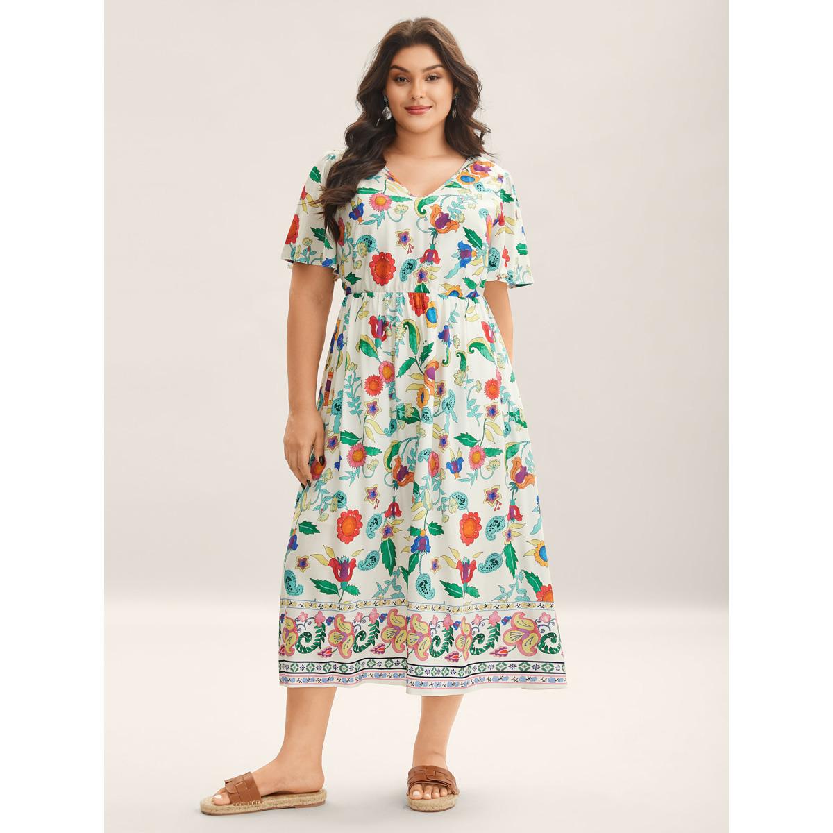 Plus Size Sunkissed Floral V-Neck Pockets Midi Dress Multicolor Women V-neck Short sleeve Curvy BloomChic 28/5X Product Image