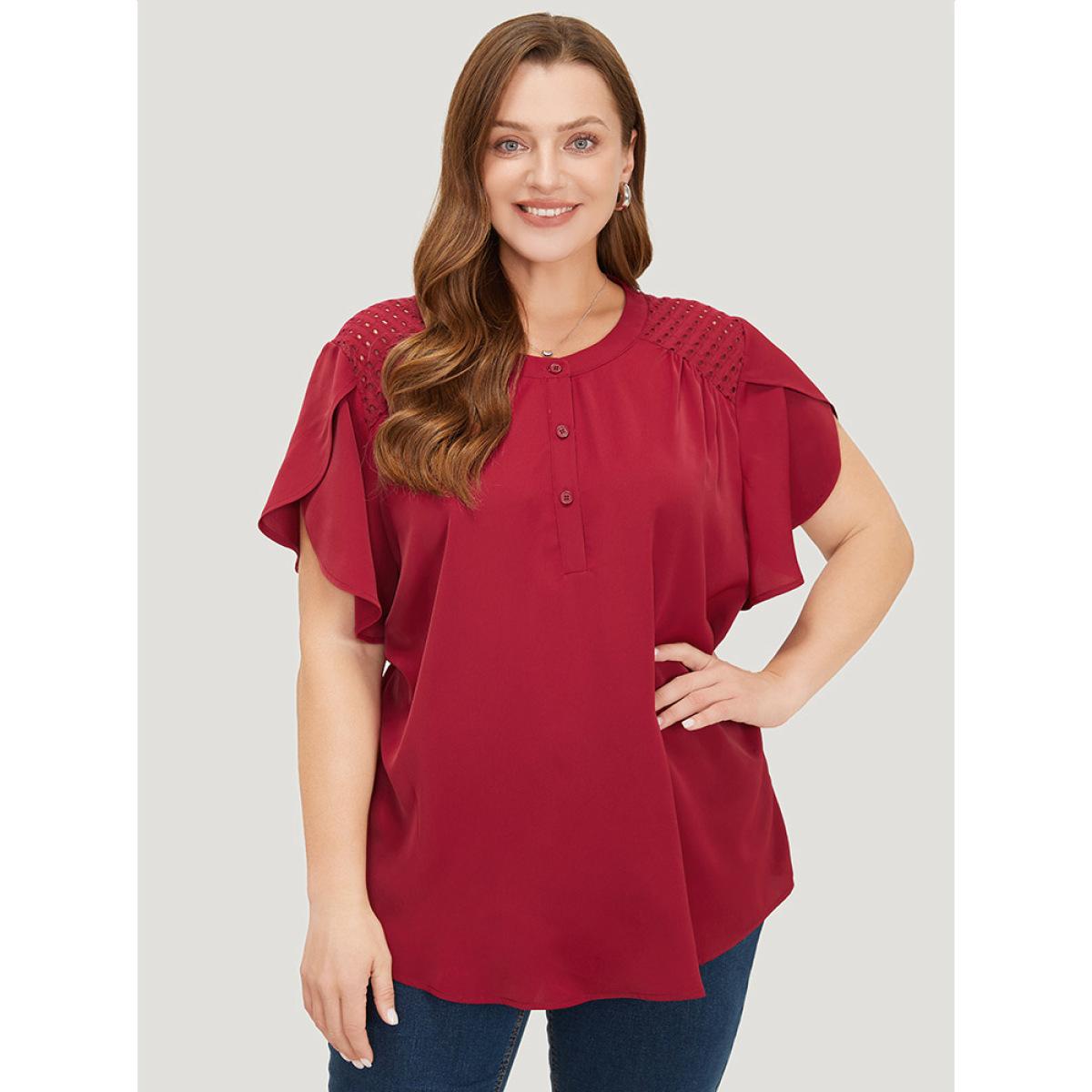 Plus Size Burgundy Plain Patchwork Cut Out Petal Sleeve Blouse Women Office Short sleeve Round Neck Work Blouses BloomChic 28/5X Product Image