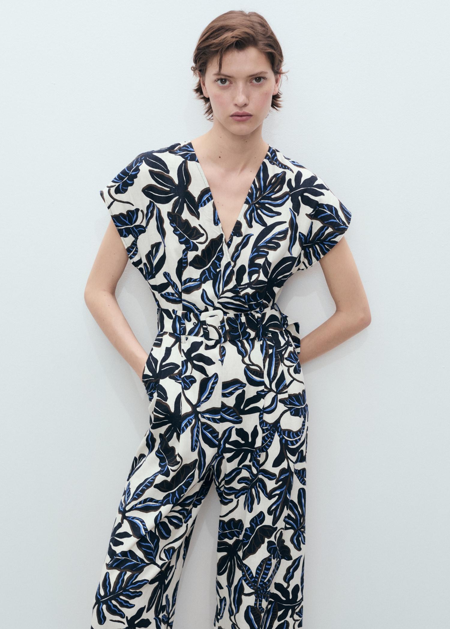 Printed linen jumpsuit with belt - Women | MANGO USA Product Image