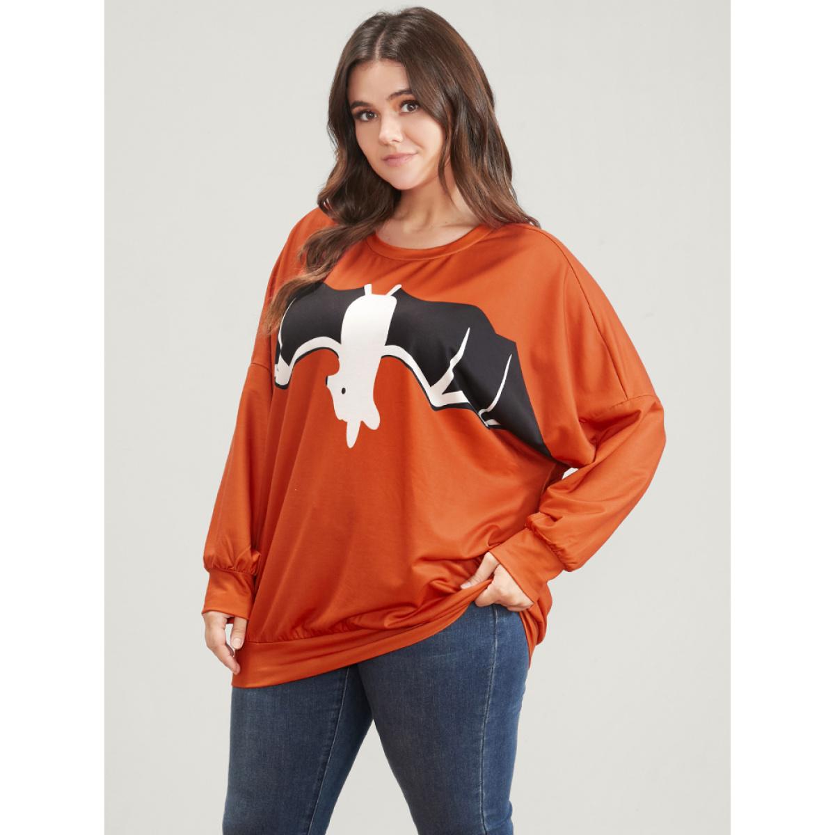 Plus Size Halloween Bat Print Round Neck Drop Shoulder Sweatshirt Women Orange Casual Printed Round Neck Festival-Halloween Sweatshirts BloomChic 30/6X Product Image