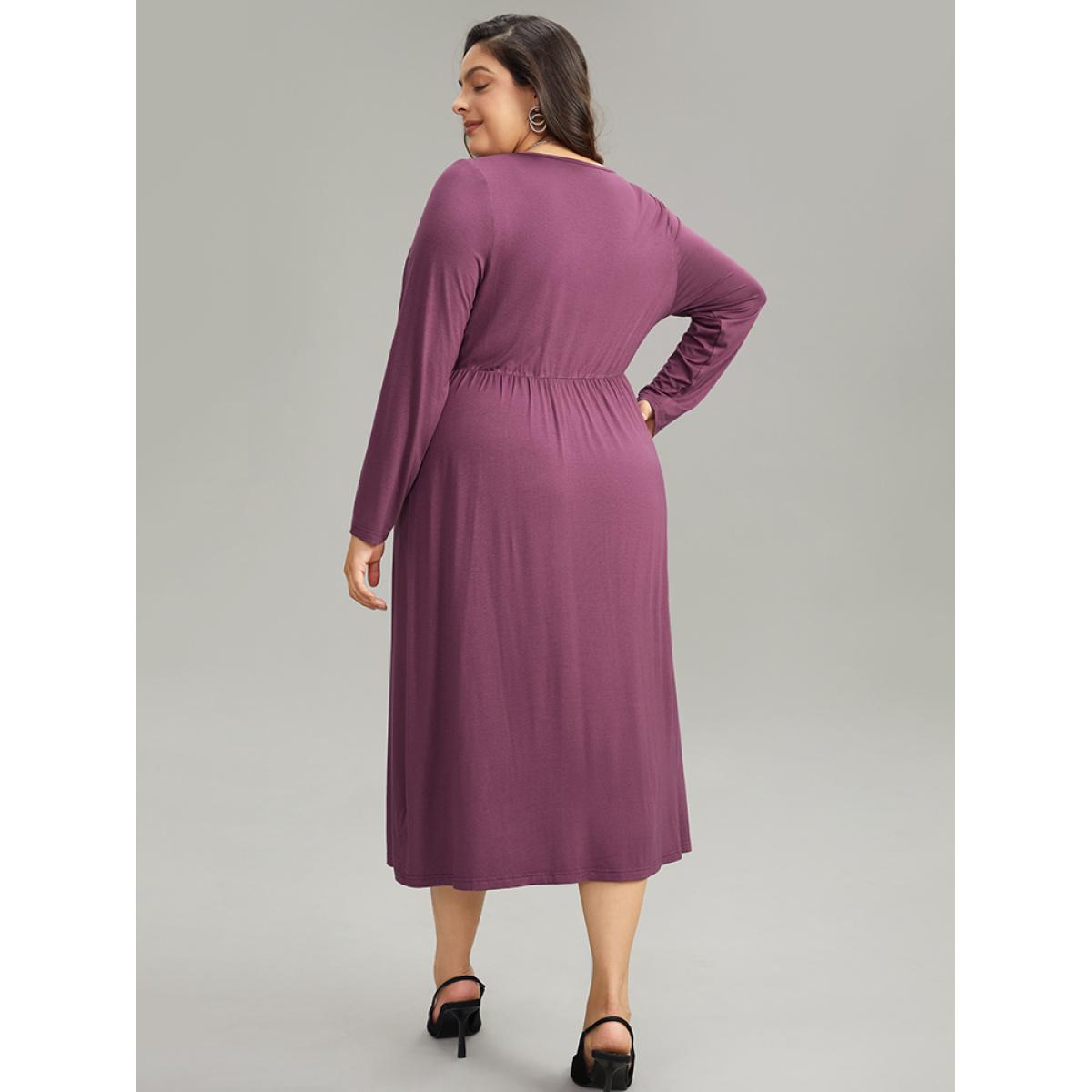 Plus Size Solid Twist Front Gathered Split Hem Dress Mauve Women Office Plain Asymmetrical Neck Long Sleeve Curvy Midi Dress BloomChic 26/4X Product Image