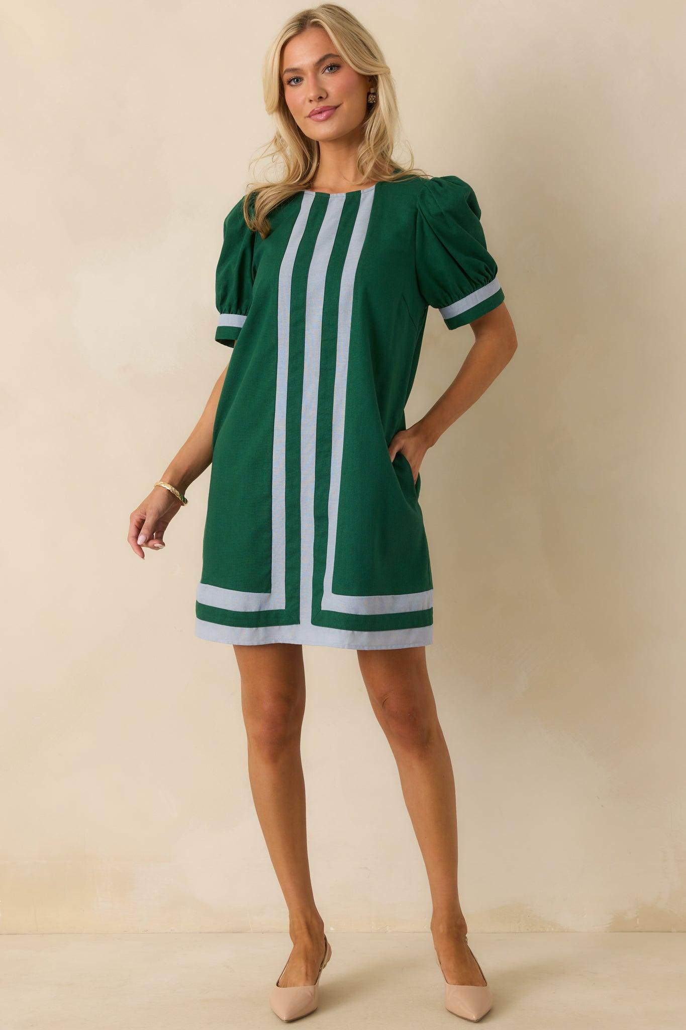 Here For This Hunter Green Linen Blend Contrast Trim Mini Dress L / Green Product Image