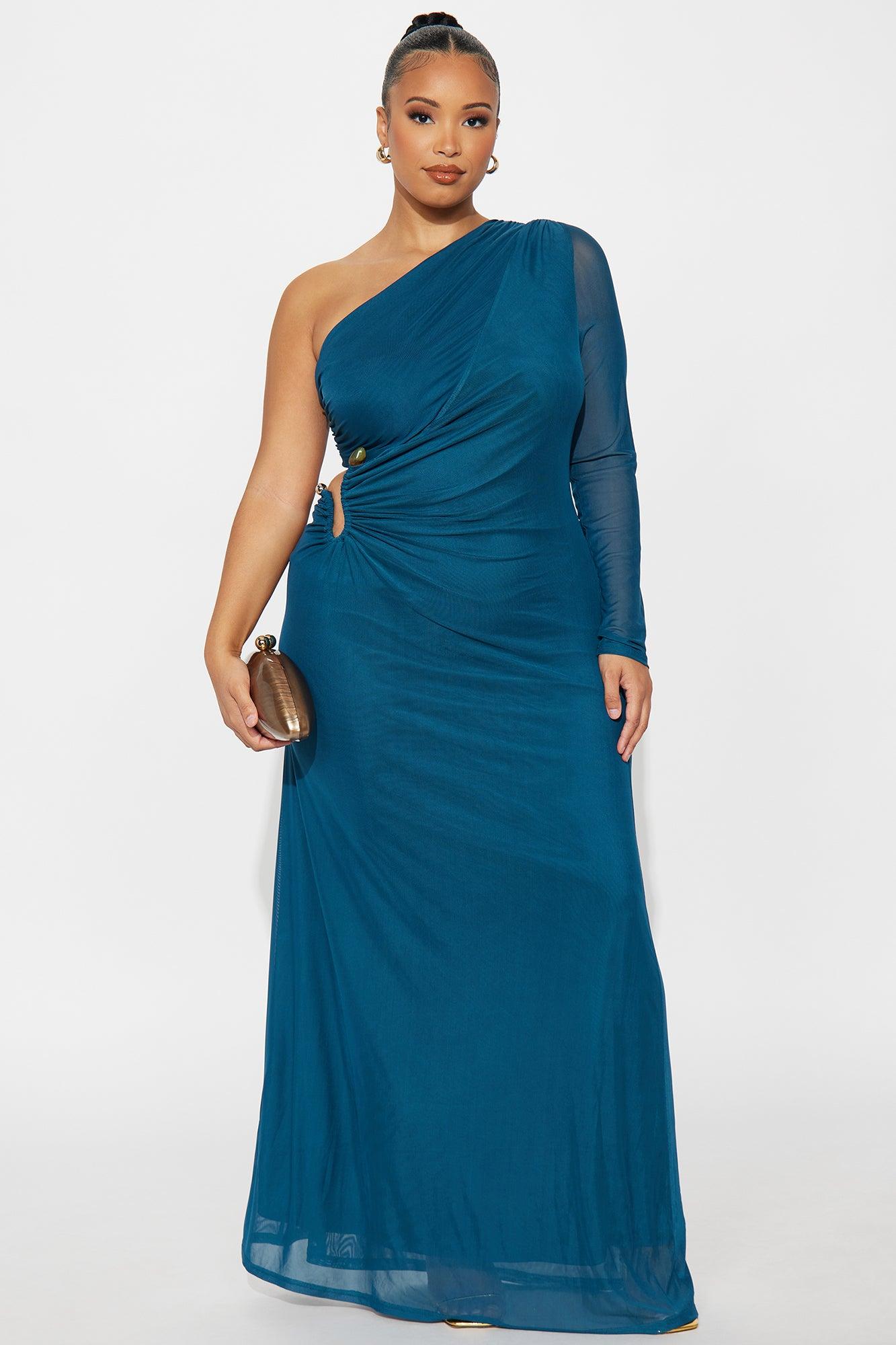 Jenna One Shoulder Sleeved Maxi Dress - Teal Female Product Image