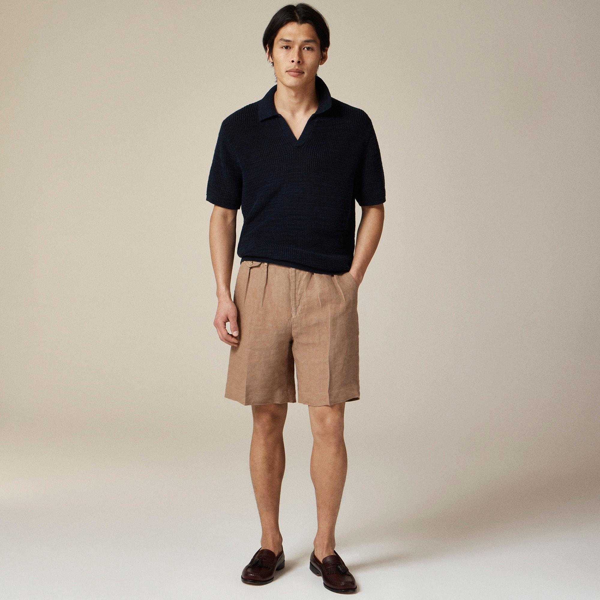 Short-sleeve linen-cotton blend johnny-collar sweater-polo Product Image