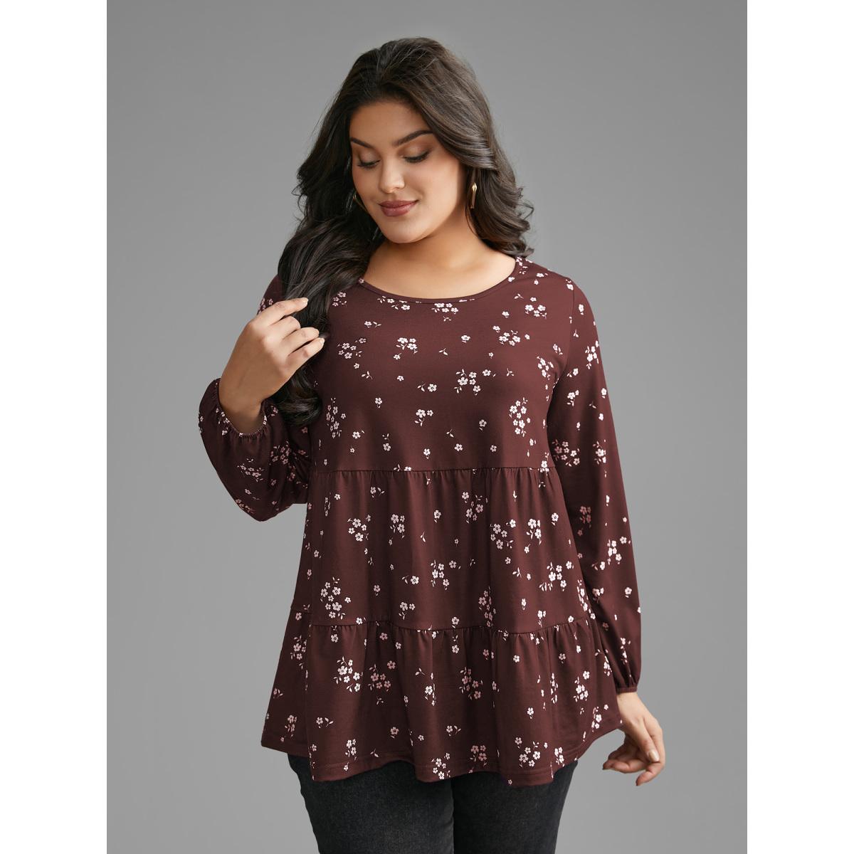 Plus Size Ditsy Floral Gathered Ruffle Hem T-shirt Burgundy Women Casual Gathered Natural Flowers Round Neck Loose Everyday T-shirts BloomChic 28/5X Product Image