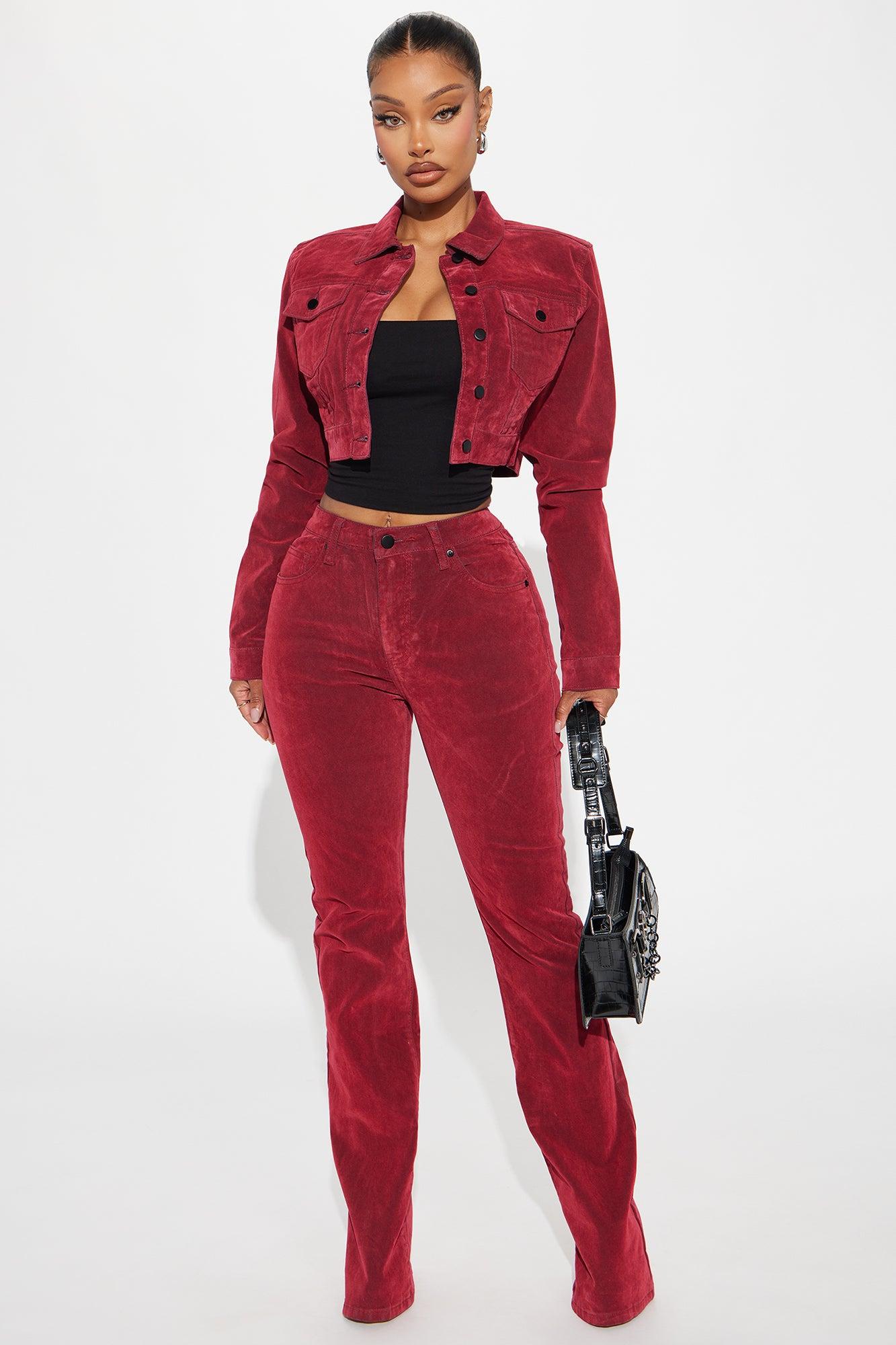 Not Like Us Stretch Velvet Flocked Flare Jeans - Red Product Image