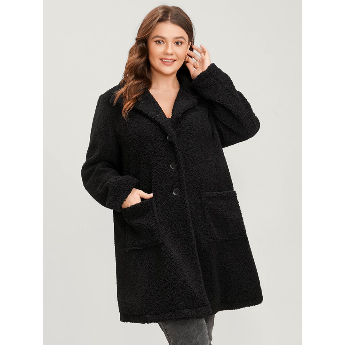 Plus Size Solid Suit Collar Pocket Button Up Teddy Blazer Women Black Casual Ladies Dailywear Winter Coats BloomChic 18-20/2X Product Image