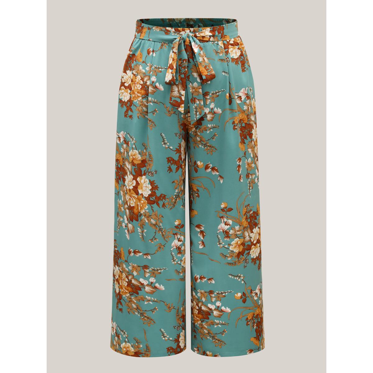 Plus Size Sweet Floral Print Belted Wide-Leg Pants Women Emerald Formal Wide Leg Mid Rise Party Pants BloomChic 14-16/1X Product Image