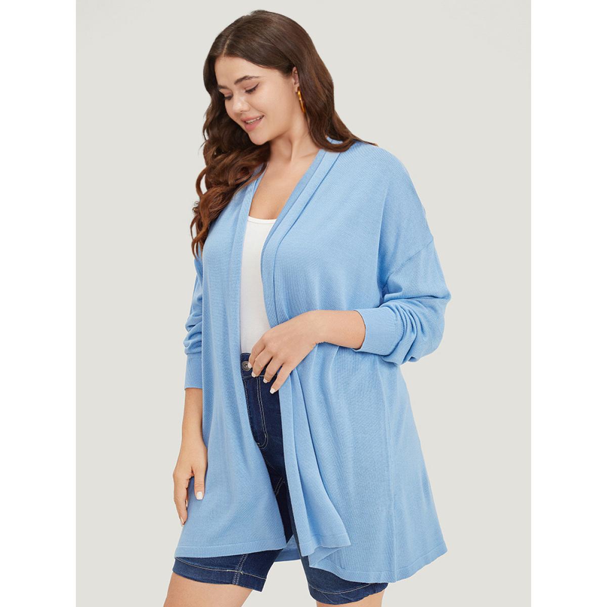 Plus Size Supersoft Essentials Plain Drop Shoulder Lapel Collar Cardigan LightBlue Women Casual Loose Long Sleeve Everyday Cardigans BloomChic 12/L Product Image
