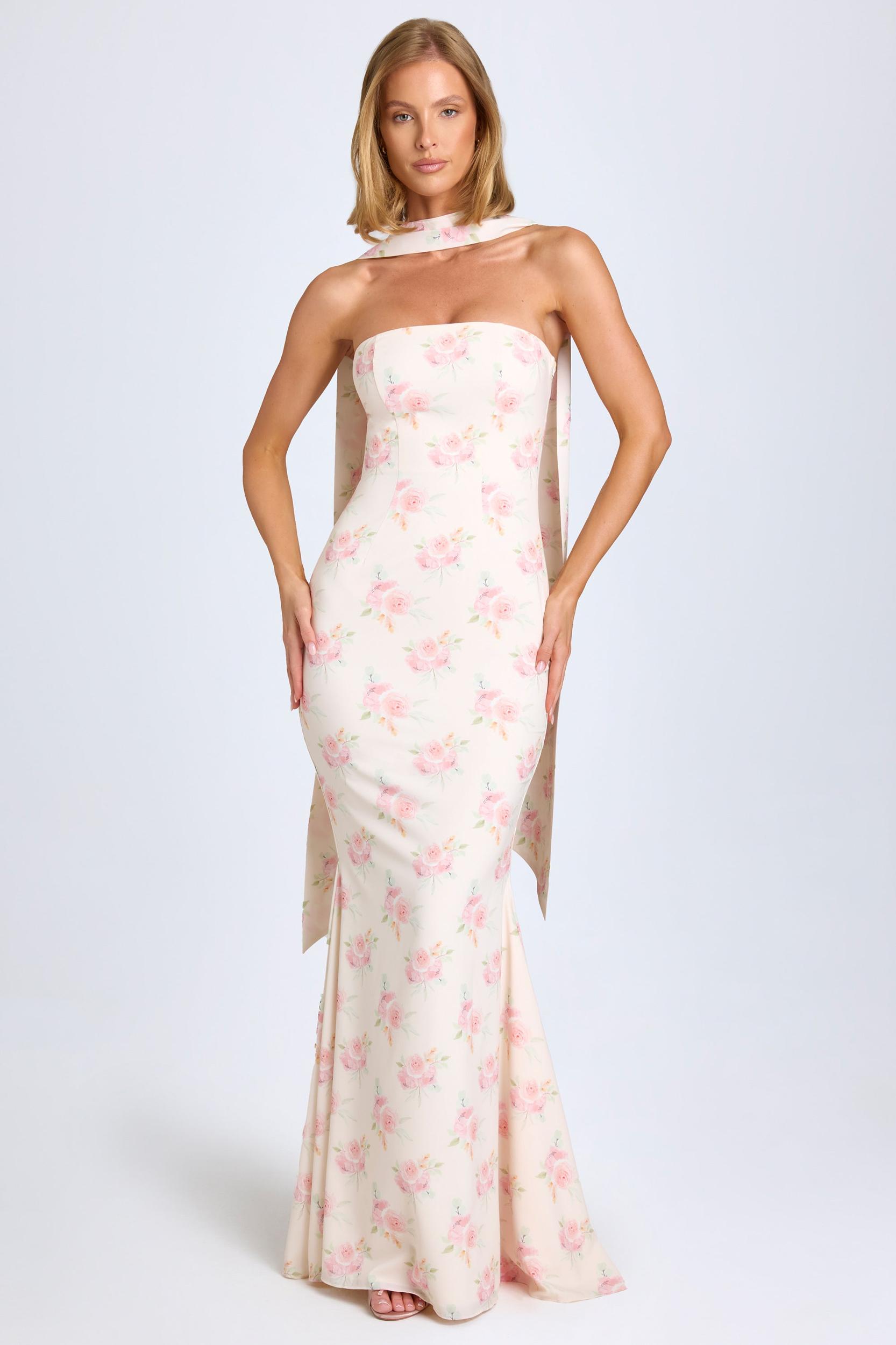 Scarf-Detail Strapless Gown in Large Rose Print Product Image