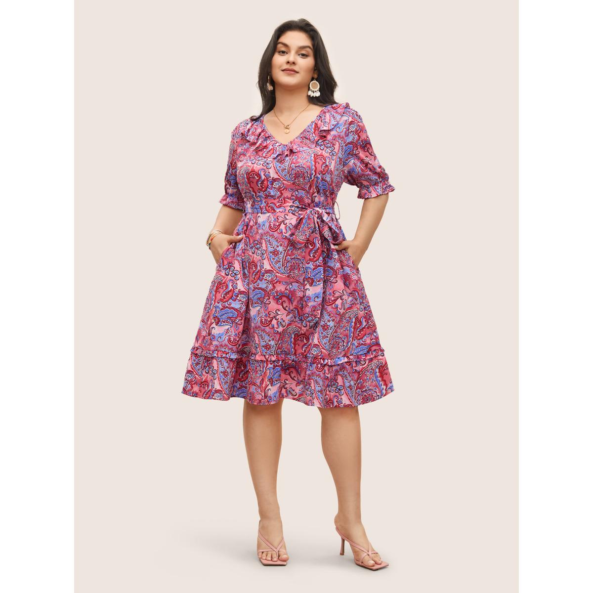 Plus Size Paisley Print Belted Ruffle Trim Dress Russet Women Resort Non V-neck Half Sleeve Curvy Midi Dress BloomChic 18-20/2X Product Image