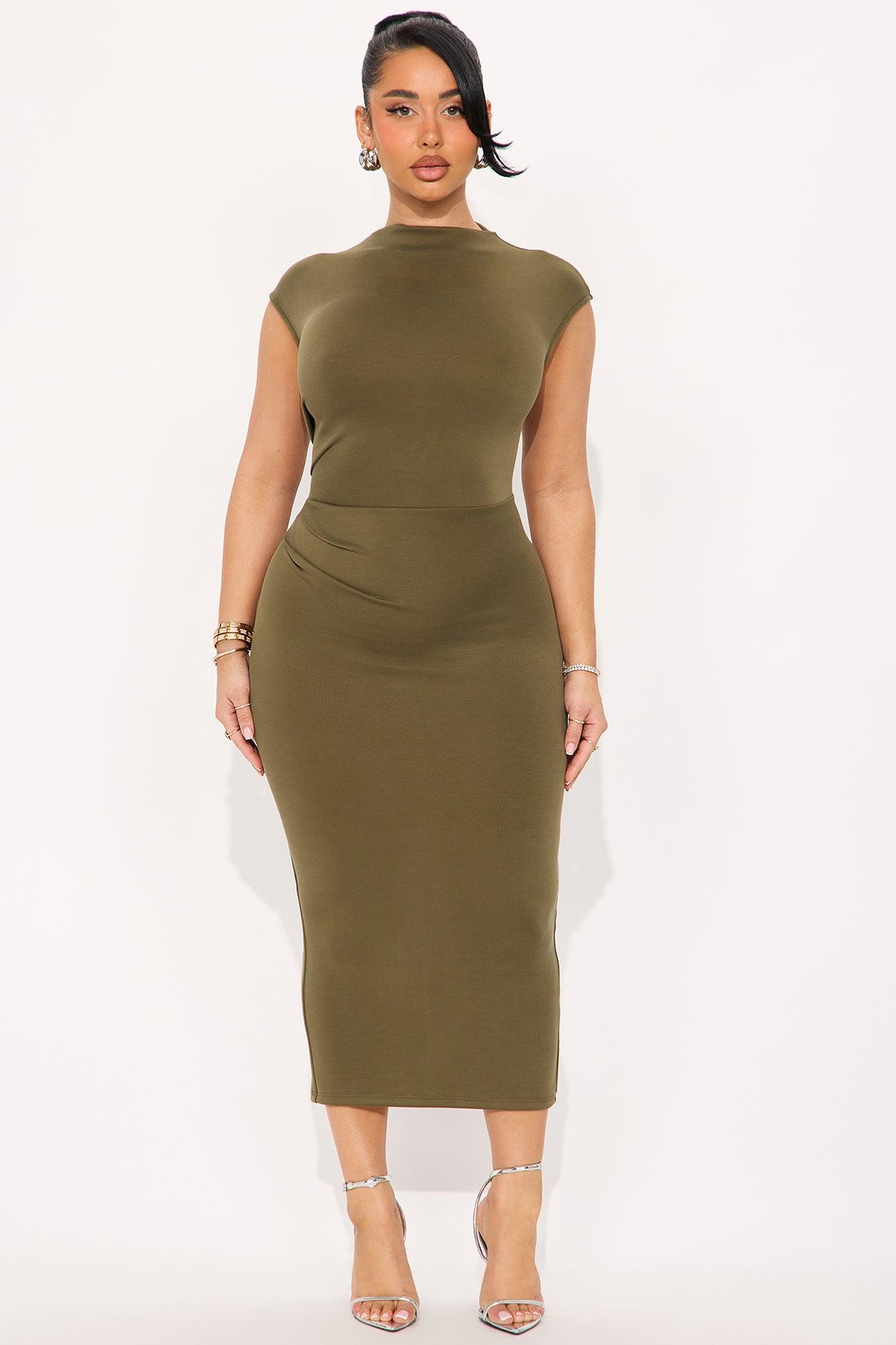 Carrie Ruched Body Sculpting Midi Dress - Olive Product Image