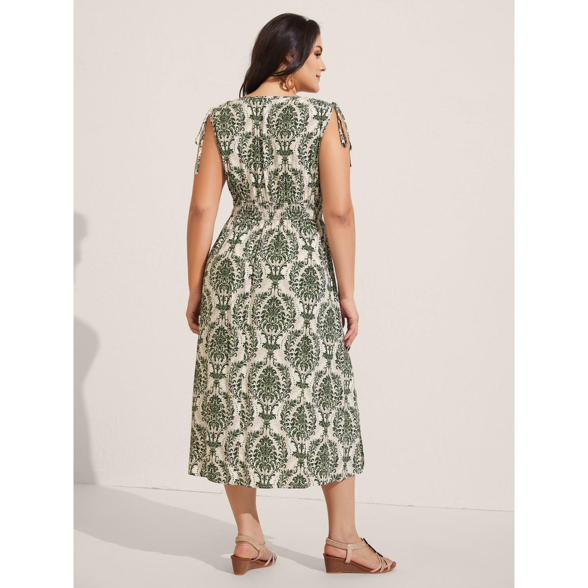 Plus Size Damask Print Surplice Sleeveless Midi Dress Truegreen Women Overlap Collar Sleeveless Curvy BloomChic 10/M Product Image