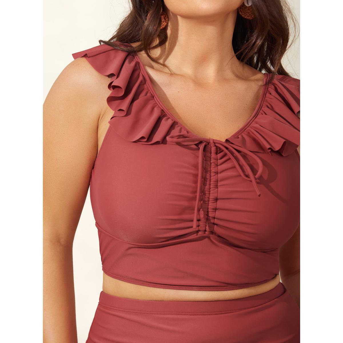 Plus Size Ruffled Drawstring Bodice Swim Top Women's Swimwear Rust Beach Drawstring High stretch Skinny V-neck Curve Swim Tops BloomChic 18-20/2X Product Image