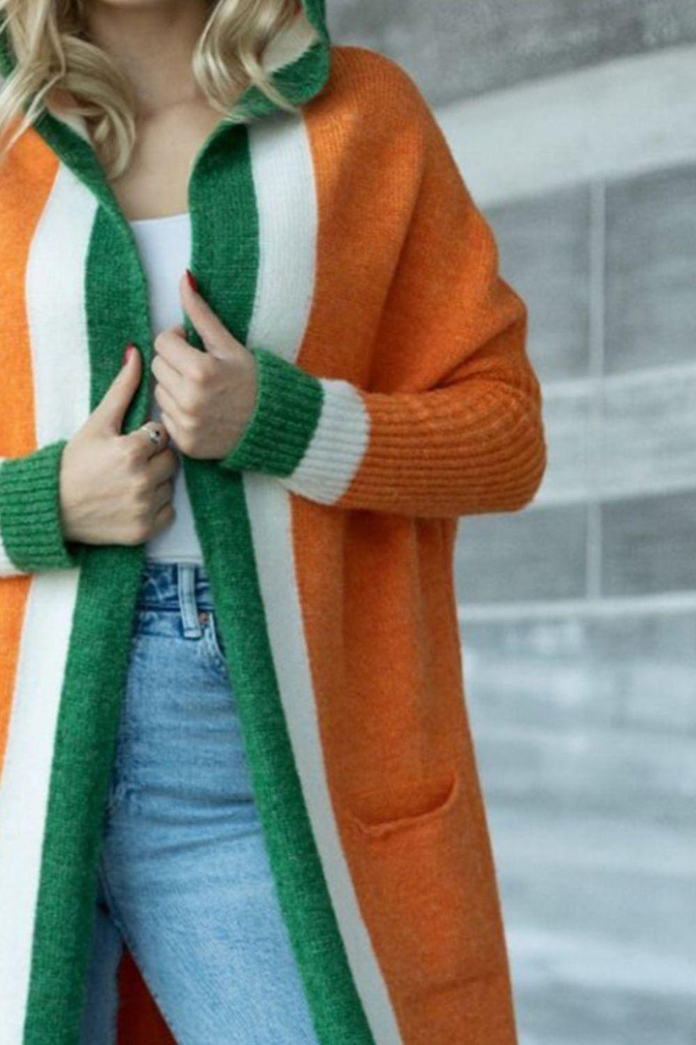 Pocketed Contrast Long Sleeve Hooded Cardigan Product Image