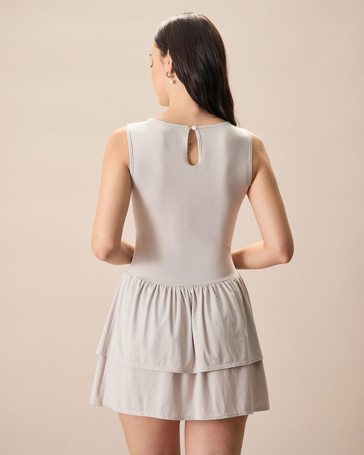 Women's Grey Crew Neck Ruffle Tiered Cotton Mini Dress Female Product Image