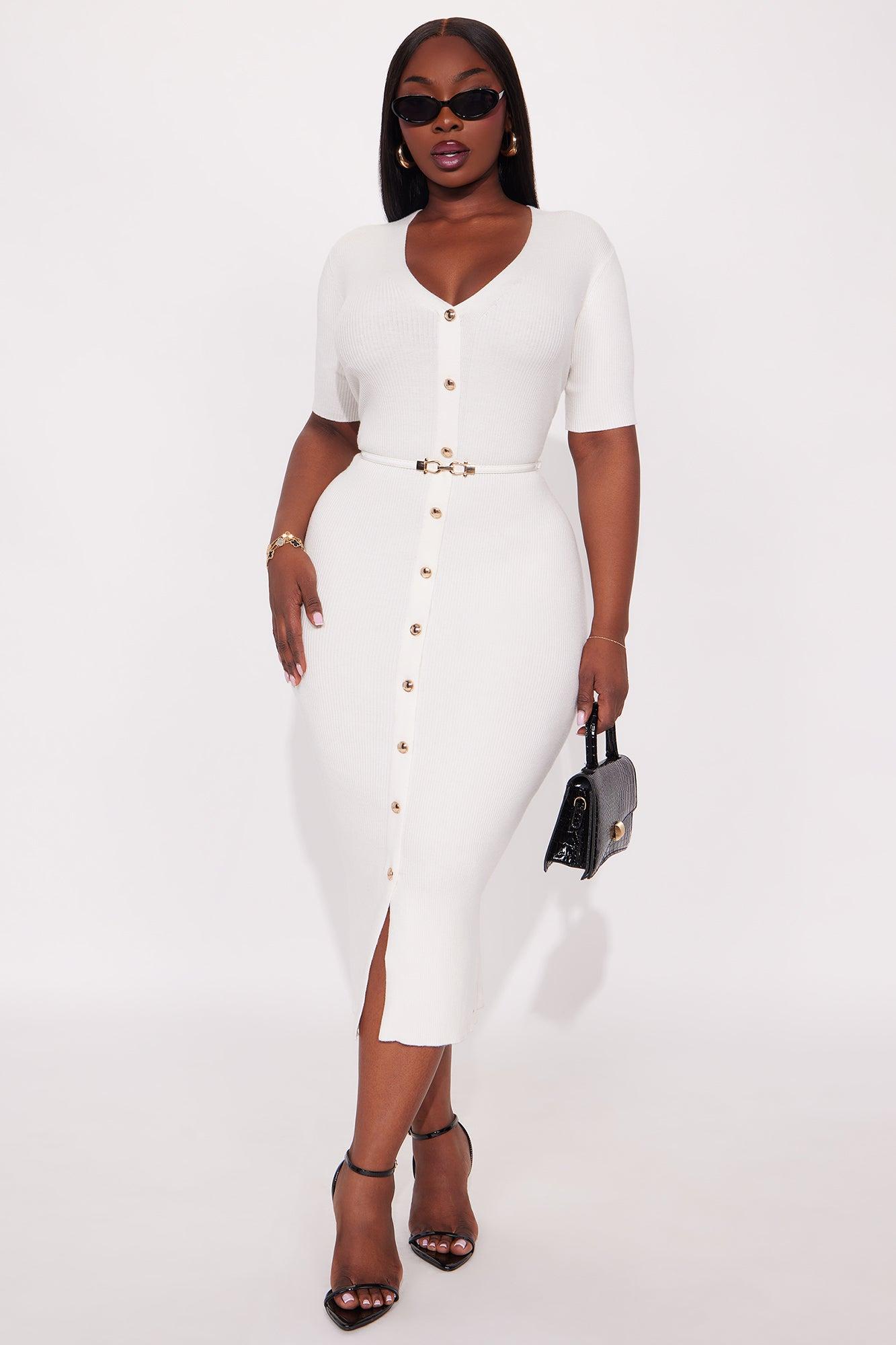 Kaia Belted Ribbed Midi Dress - White Female Product Image